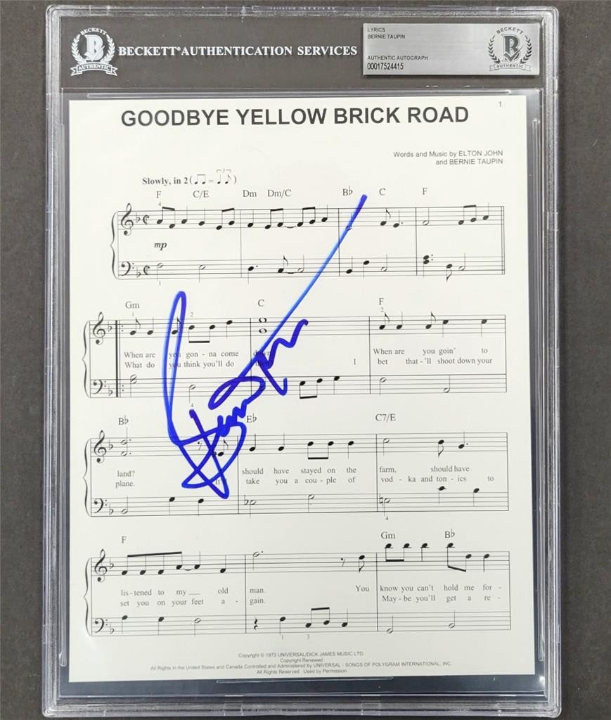 Bernie Taupin Signed Goodbye Yellow Brick Road Lyrics Sheet Beckett Authenticated 8x10: Bernie Taupin Signed Goodbye Yellow Brick Road Lyrics Sheet Beckett Authenticated 8x10 This is a signed 8x10 lyrics sheet of "Goodbye Yellow Brick Road" by Bernie Taupin. The item is authenticated by