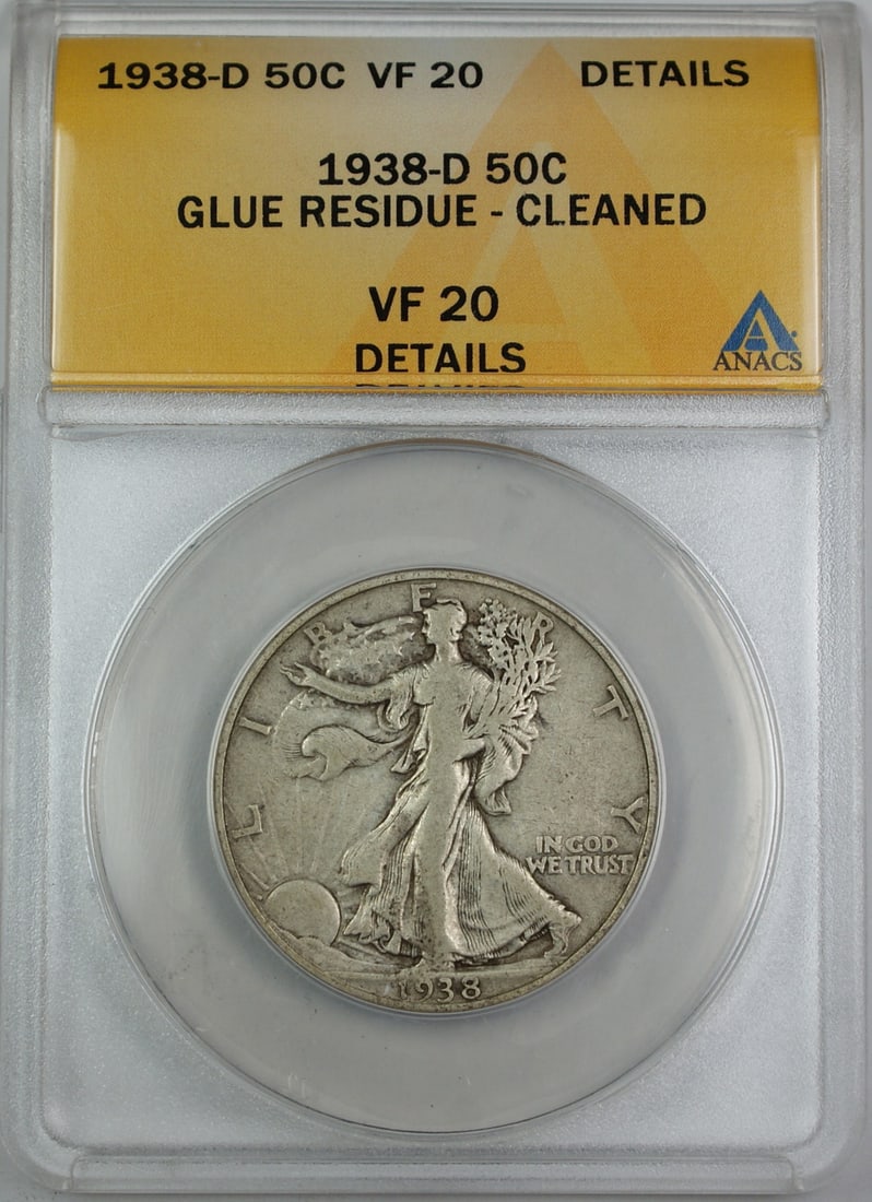 1938 Denver Liberty Walking Half Dollar ANACS VF-20 Silver Coin Glue Cleaned: 1938 Denver Liberty Walking Half Dollar ANACS VF-20 Silver Coin Glue Cleaned This is a 1938-D Walking Liberty Silver Half Dollar certified by ANACS with a grade of VF-20 Details. The coin originates f