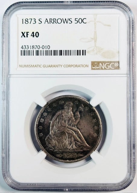 1873 San Francisco Seated Liberty Half Dollar Silver NGC XF40 With Arrows: 1873 San Francisco Seated Liberty Half Dollar Silver NGC XF40 With Arrows This 1873-S Liberty Seated Half Dollar is certified by NGC at the XF-40 grade. Struck at the San Francisco Mint, the coin is c