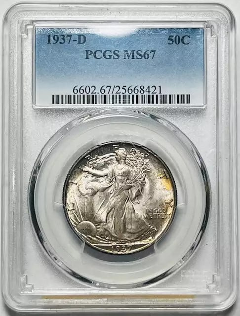 1937 D Walking Liberty Half Dollar PCGS MS67 Uncirculated Silver: 1937 D Walking Liberty Half Dollar PCGS MS67 Uncirculated Silver This 1937 D Walking Liberty Half Dollar is certified by PCGS and graded MS-67, indicating its exceptional uncirculated condition. With