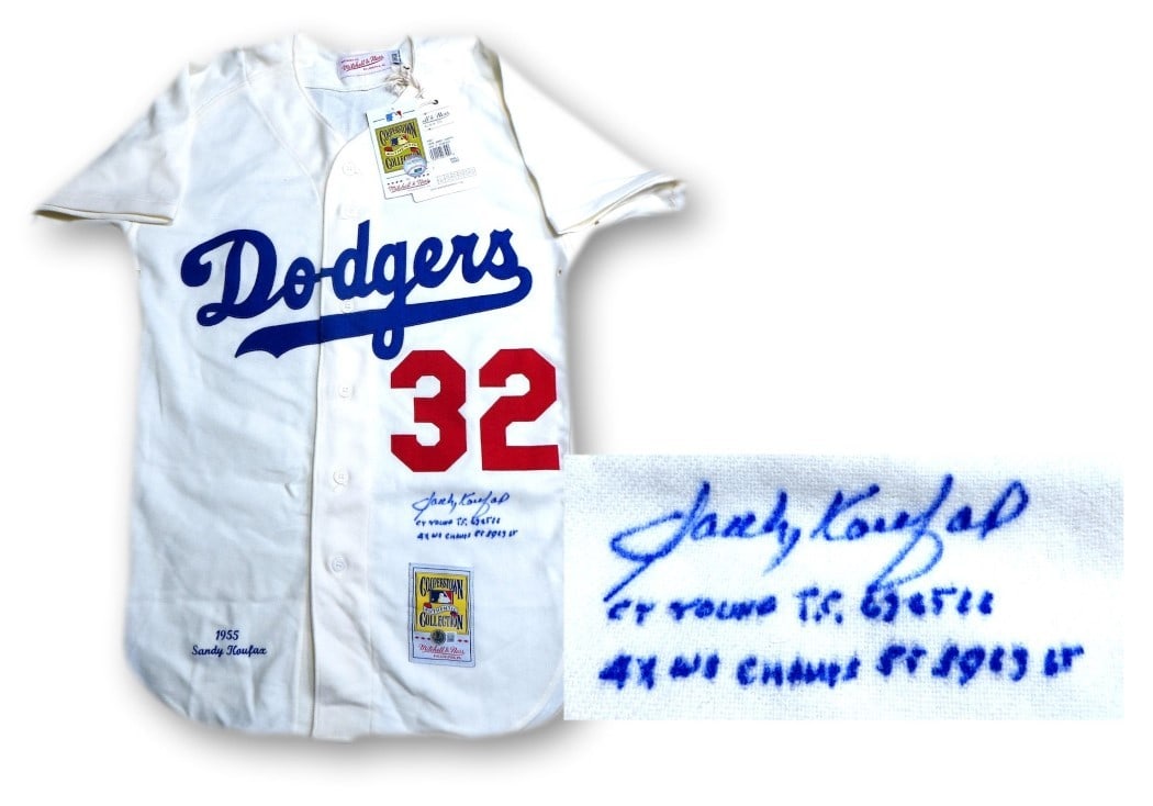 Sandy Koufax Signed Jersey Dodgers Cy Young 4X WS Champ Beckett Authenticated: Sandy Koufax Signed Jersey Dodgers Cy Young 4X WS Champ Beckett Authenticated This is an original Sandy Koufax autographed jersey from his time with the Brooklyn Dodgers. The jersey features the inscr