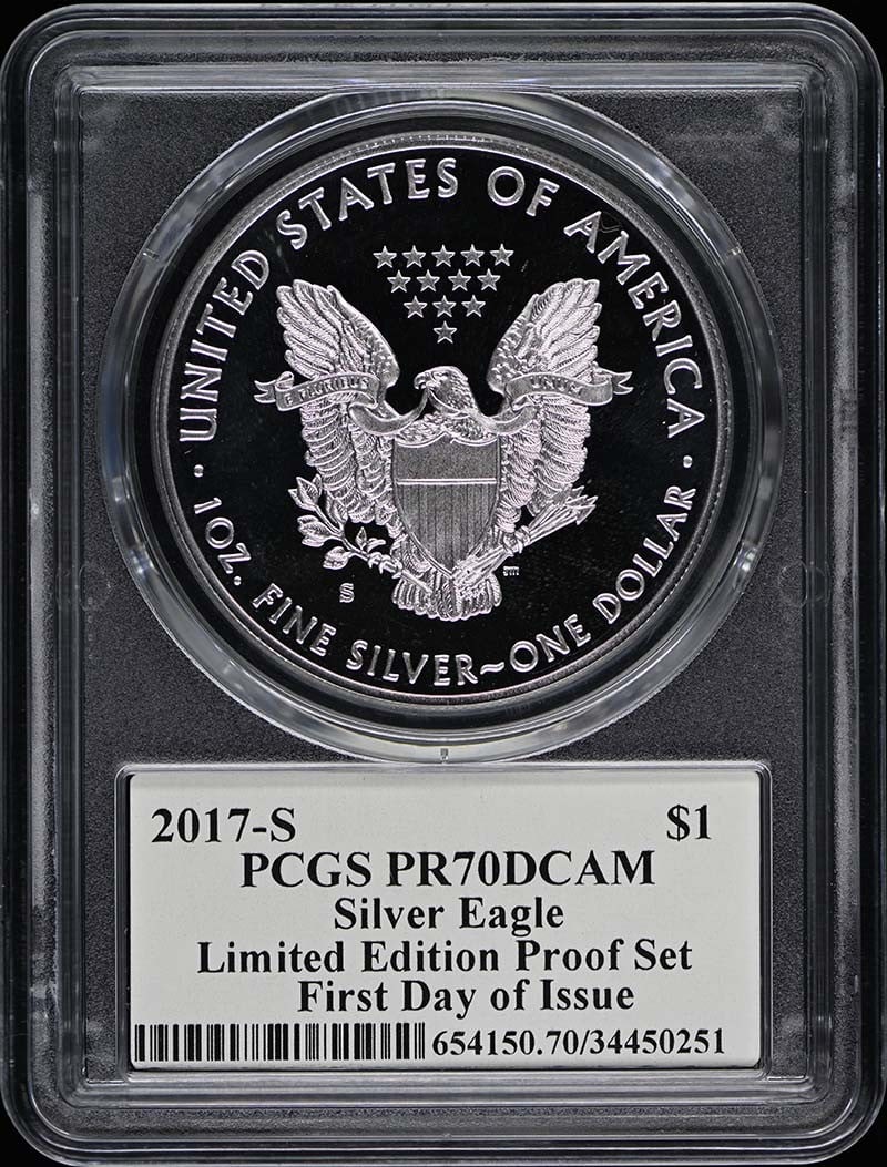 2017-S $1 Silver Eagle Proof Set Limited Edition PCGS MS70: 2017-S $1 Silver Eagle Proof Set Limited Edition PCGS MS70 This 2017-S $1 Silver Eagle Limited Edition Proof Set is a remarkable collectible from the San Francisco Mint. It is certified by PCGS with a