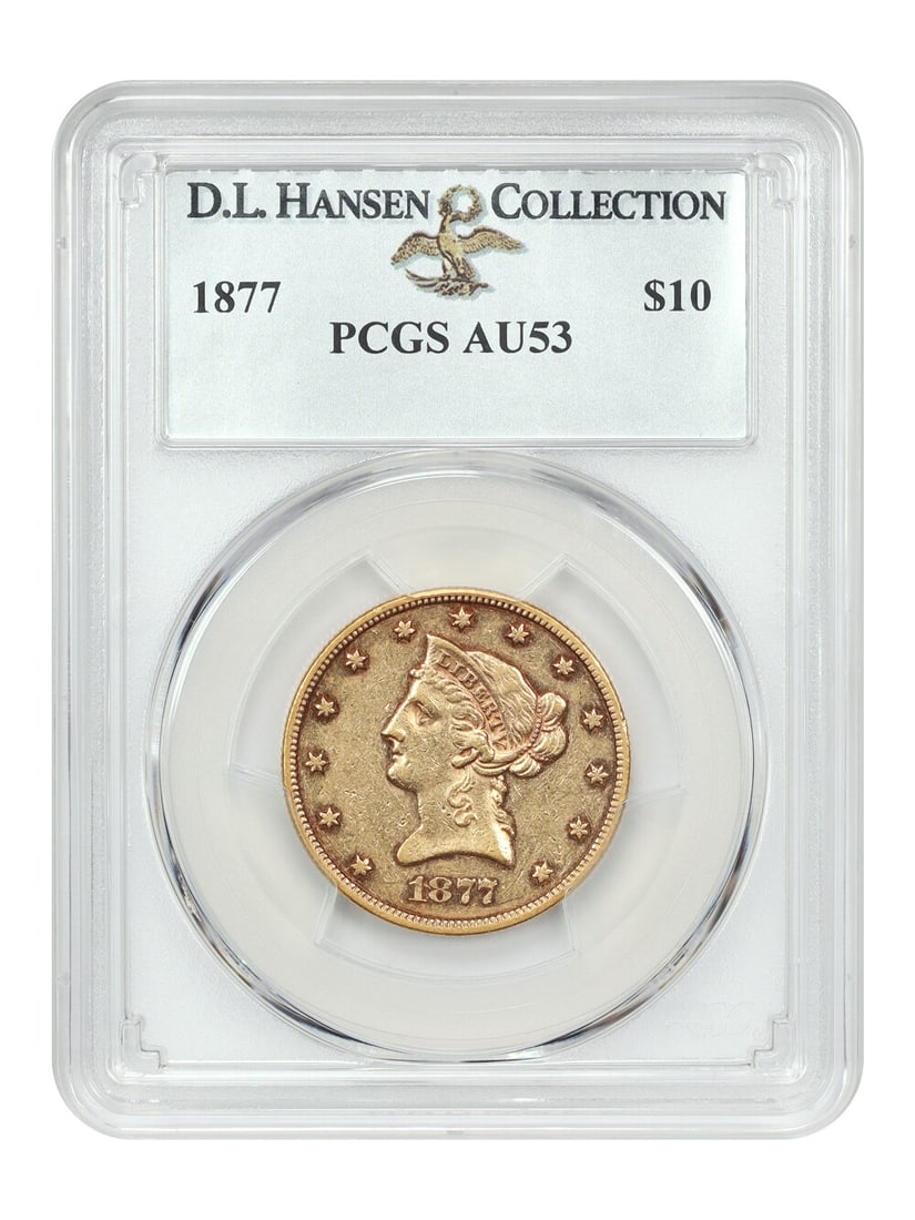 1877 $10 Liberty Head Gold Coin PCGS AU53 Rare Mintage: 1877 $10 Liberty Head Gold Coin PCGS AU53 Rare Mintage This 1877 $10 gold coin, graded AU53 by PCGS, represents a significant piece in the Liberty Head series. It was minted in Philadelphia and is one