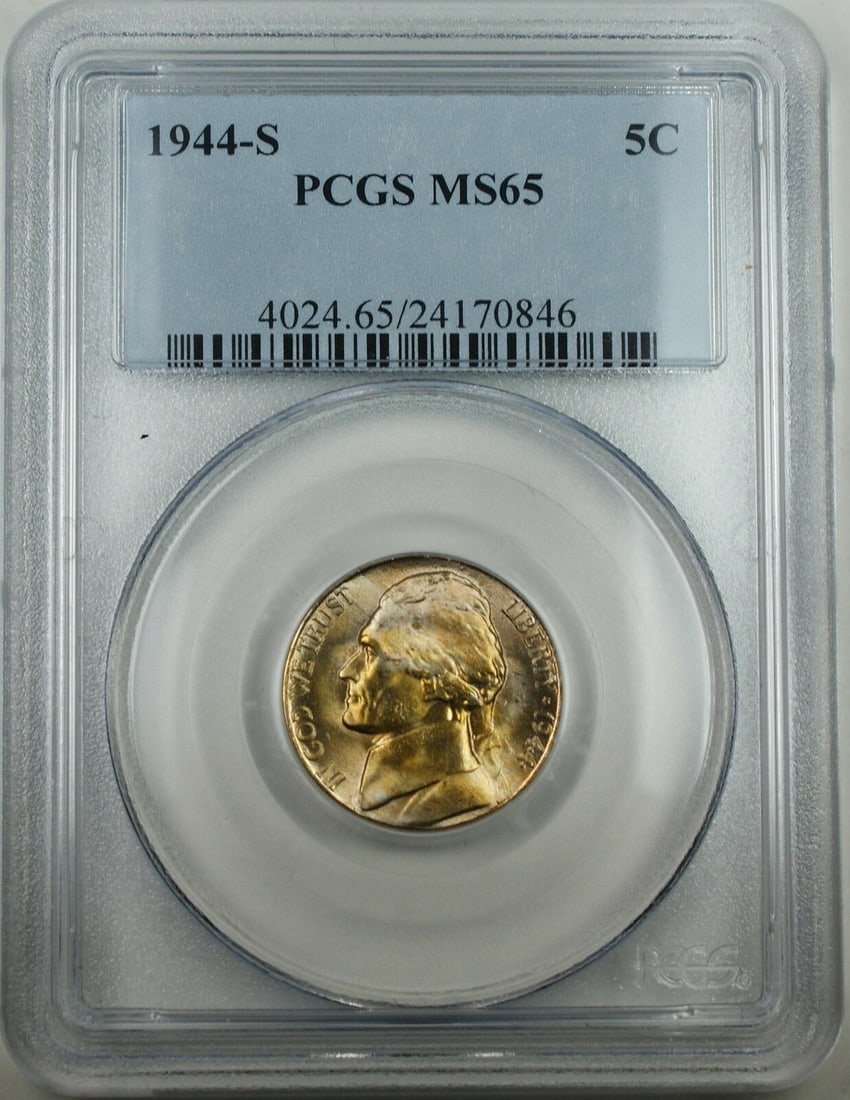 1944-S Jefferson War Nickel Silver 5C PCGS MS-65 Die Crack Variety: 1944-S Jefferson War Nickel Silver 5C PCGS MS-65 Die Crack Variety This is a 1944-S Silver Jefferson War Nickel graded MS-65 by PCGS. The coin features a die crack through the "S" mintmark, known as t