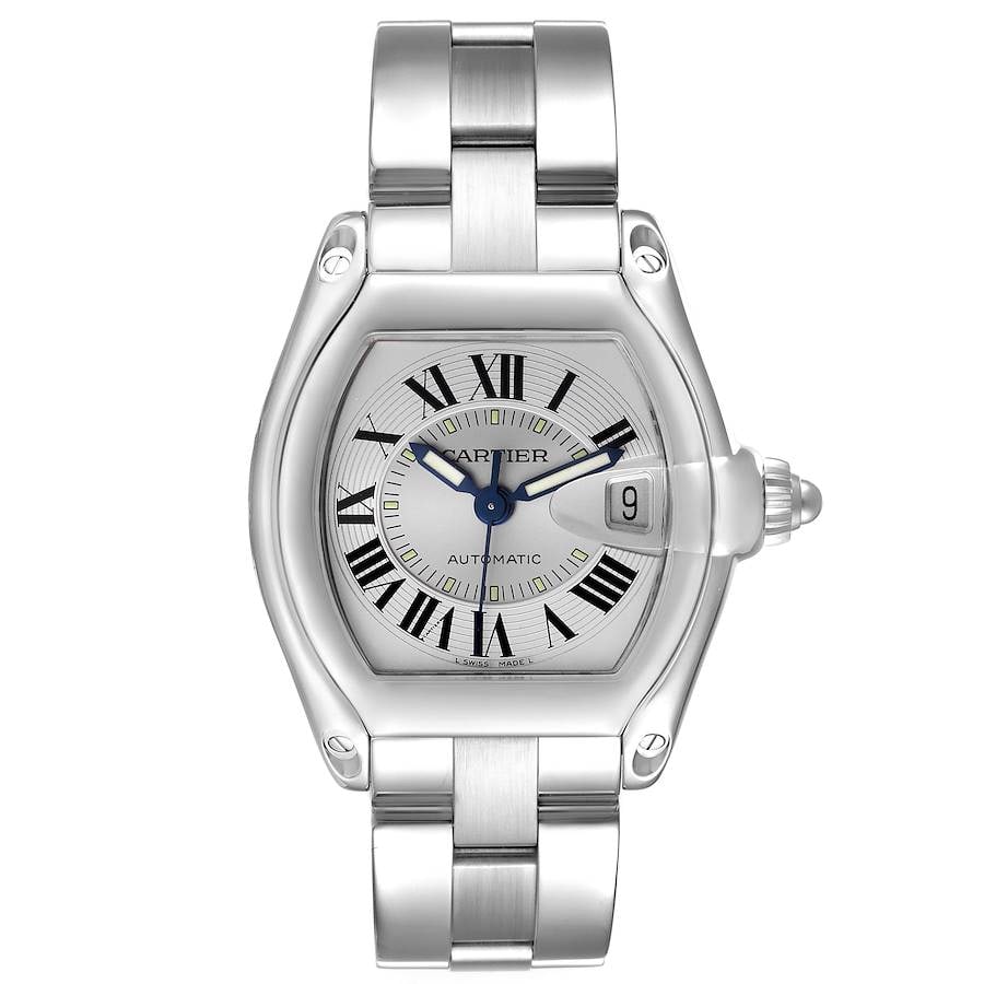 Roadster Reference 2510 Silver Roman Dial Stainless Steel Watch by Cartier: Roadster Reference 2510 Silver Roman Dial Stainless Steel Watch by Cartier This Cartier Roadster features a silver Roman numeral dial and a stainless steel case. The watch measures 38x43 mm and is in