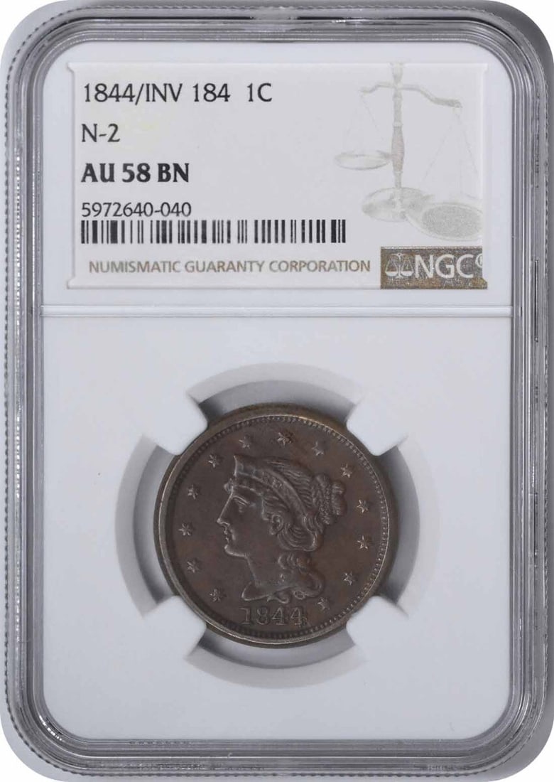 NGC AU58BN 1844 Braided Hair Large Cent Copper Coin: NGC AU58BN 1844 Braided Hair Large Cent Copper Coin This is an 1844 Braided Hair Large Cent from the United States, minted in Philadelphia. Certified by NGC with a grade of AU58BN, this circulated cop