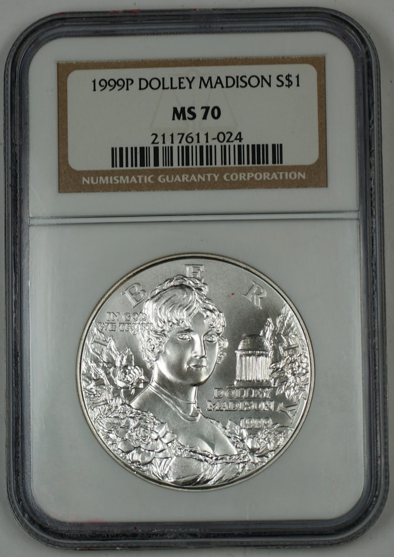 NGC MS-70 1999-P Silver Dolley Madison Commemorative Dollar Uncirculated Coin: NGC MS-70 1999-P Silver Dolley Madison Commemorative Dollar Uncirculated Coin This is a 1999-P Dolley Madison Commemorative Silver Dollar Coin, certified by NGC with a perfect grade of MS-70. The coin