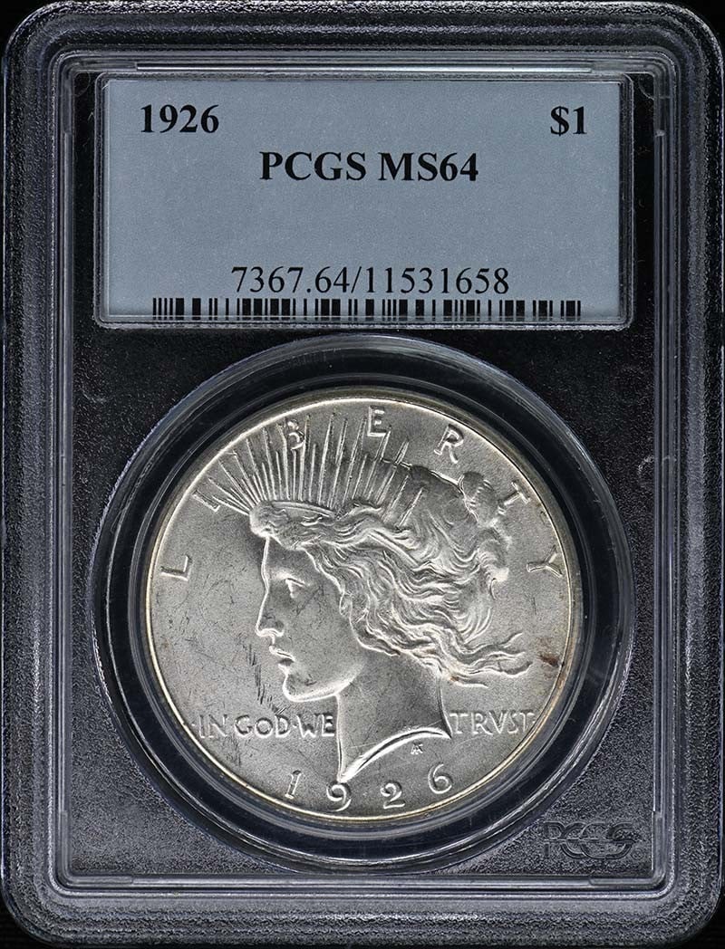 1926 Peace Dollar PCGS MS64 Uncirculated Philadelphia Mint: 1926 Peace Dollar PCGS MS64 Uncirculated Philadelphia Mint This 1926 Peace Dollar is a stunning addition to any coin collection, graded MS64 by PCGS. It showcases an uncirculated condition and feature