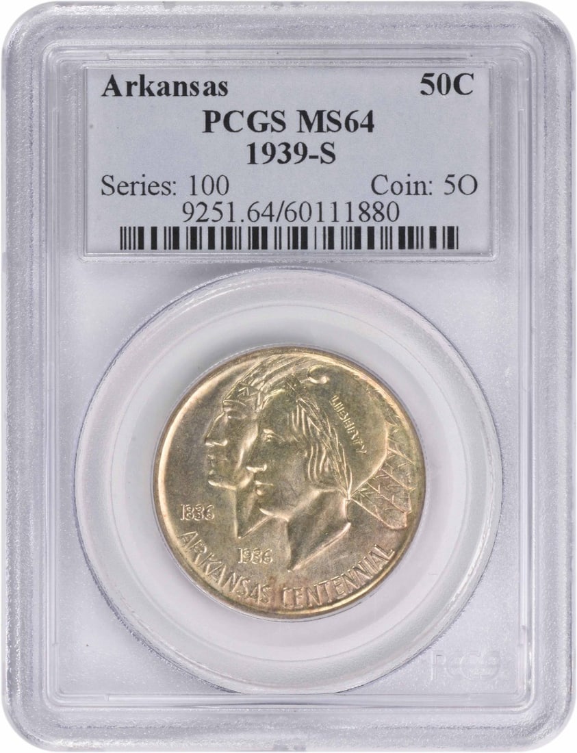 1939-S Arkansas Commemorative Silver Half Dollar MS64 PCGS Certified: 1939-S Arkansas Commemorative Silver Half Dollar MS64 PCGS Certified This Arkansas Commemorative Silver Half Dollar, minted in 1939 at the San Francisco Mint, is a stunning tribute to the state of Ark