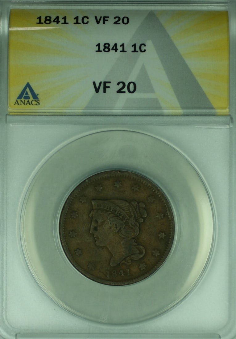 ANACS VF-20 1841 Braided Hair Large Cent Copper Coin: ANACS VF-20 1841 Braided Hair Large Cent Copper Coin This is an 1841 Braided Hair Large Cent, certified by ANACS with a grade of VF-20. The coin is composed of copper and was minted in Philadelphia. I