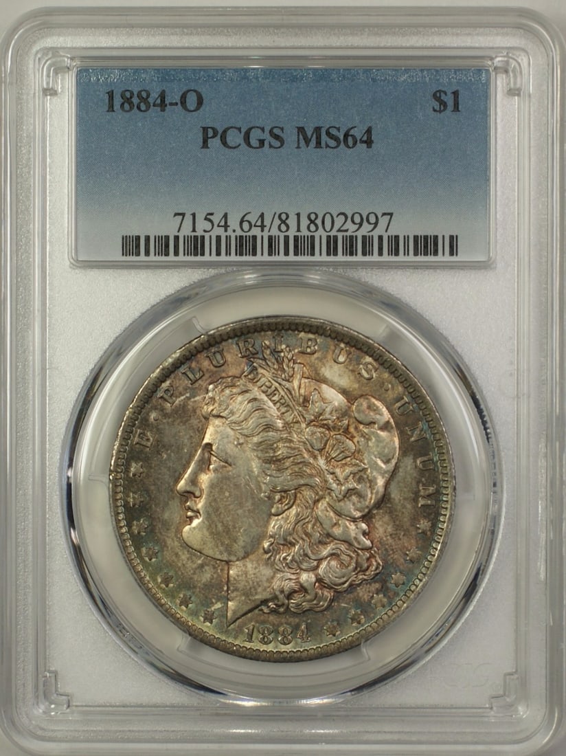 PCGS MS-64 1884-O Silver Morgan Dollar with Toning: PCGS MS-64 1884-O Silver Morgan Dollar with Toning This 1884-O Morgan Silver Dollar is an uncirculated $1 coin certified by PCGS with a grade of MS-64. The coin was minted in New Orleans and features