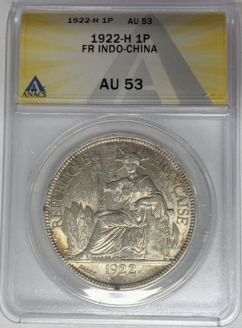 Silver 1922-H Indo-China 1 Piastre Coin ANACS AU 53 Certified: Silver 1922-H Indo-China 1 Piastre Coin ANACS AU 53 Certified This 1922-H French Indo-China 1 Piastre coin is composed of silver and has been certified by ANACS with a grade of AU 53. It is a circulat