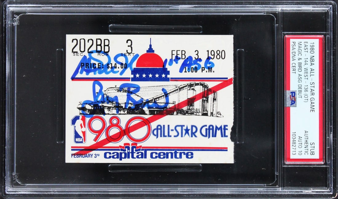 Magic Johnson Larry Bird Signed 1980 NBA ASG Ticket Stub Gem Mint 10 PSA/DNA: Magic Johnson Larry Bird Signed 1980 NBA ASG Ticket Stub Gem Mint 10 PSA/DNA This is a rare, autographed ticket stub from the 1980 NBA All-Star Game featuring the legendary Magic Johnson and Larry Bir