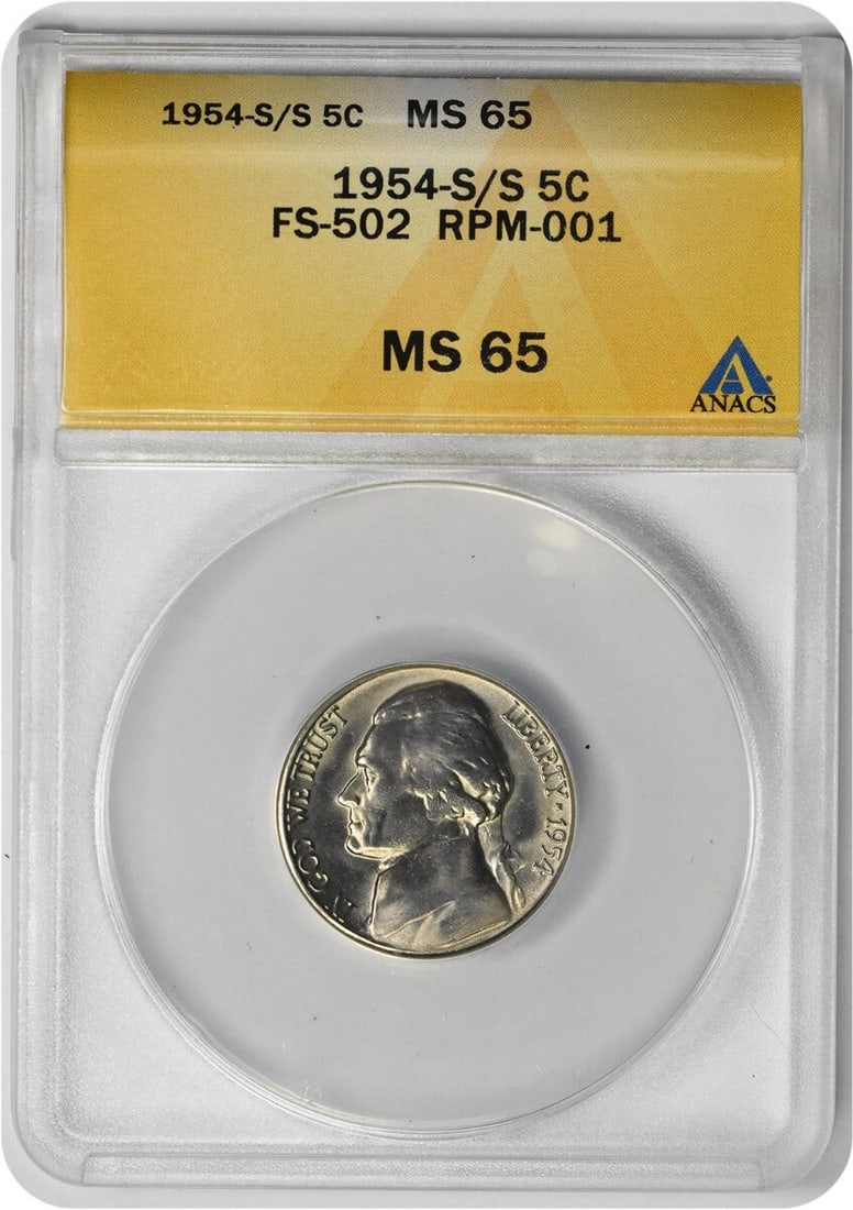ANACS MS65 1954 San Francisco Jefferson Nickel RPM FS-502: ANACS MS65 1954 San Francisco Jefferson Nickel RPM FS-502 This is a 1954-S/S Jefferson Nickel, recognized for its RPM FS-502 variety. Certified by ANACS with a grade of MS65, this uncirculated coin or
