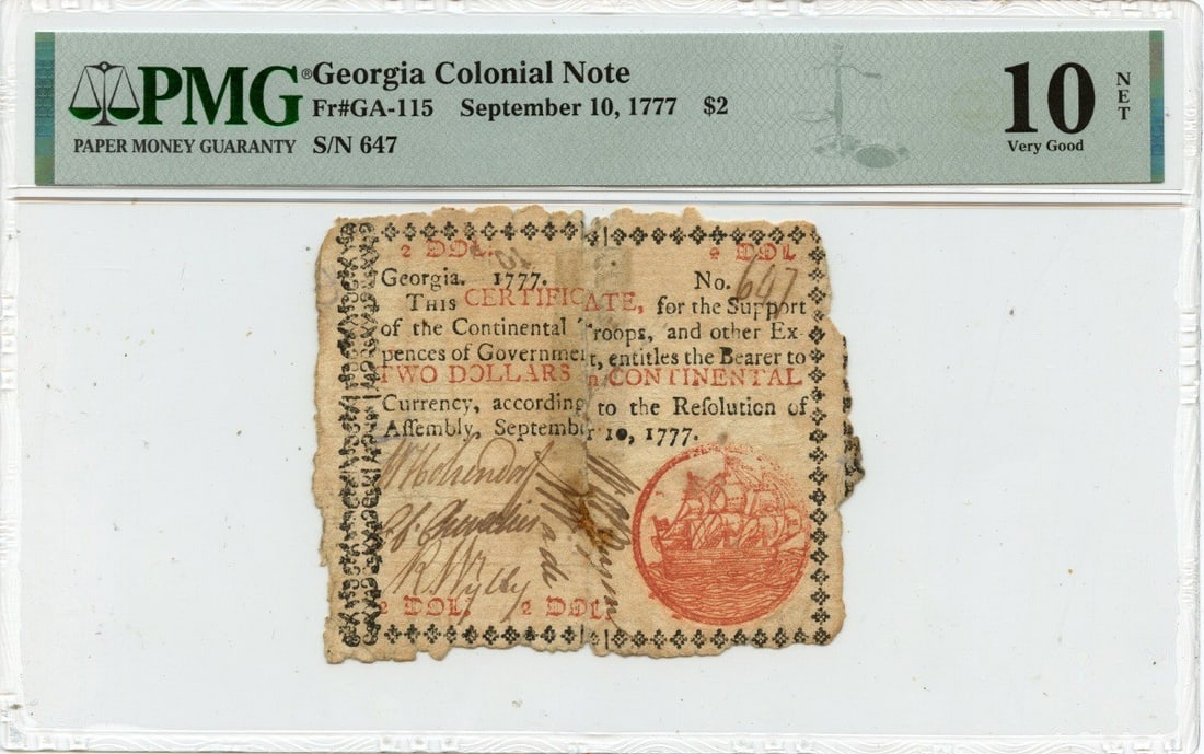 1777 $2 Georgia Colonial Note PMG VG10 Rare Currency (1 of 2)
