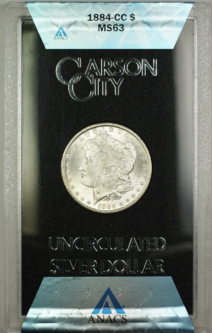 Carson City 1884 Morgan Dollar GSA Hoard Silver Coin ANACS MS 63: Carson City 1884 Morgan Dollar GSA Hoard Silver Coin ANACS MS 63 This is an un-used 1884-CC Morgan Silver Dollar from the GSA Hoard, graded MS-63 by ANACS. The coin was minted in Carson City and is co