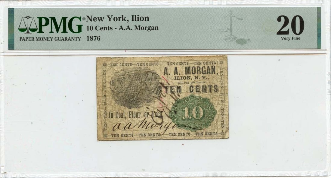 1876 10 Cents A.A. Morgan Merchant Script Note PMG VF20: 1876 10 Cents A.A. Morgan Merchant Script Note PMG VF20 This 1876 10 Cents Merchant Script note from New York, issued by A.A. Morgan in Ilion, is a remarkable piece for collectors of obsolete currency