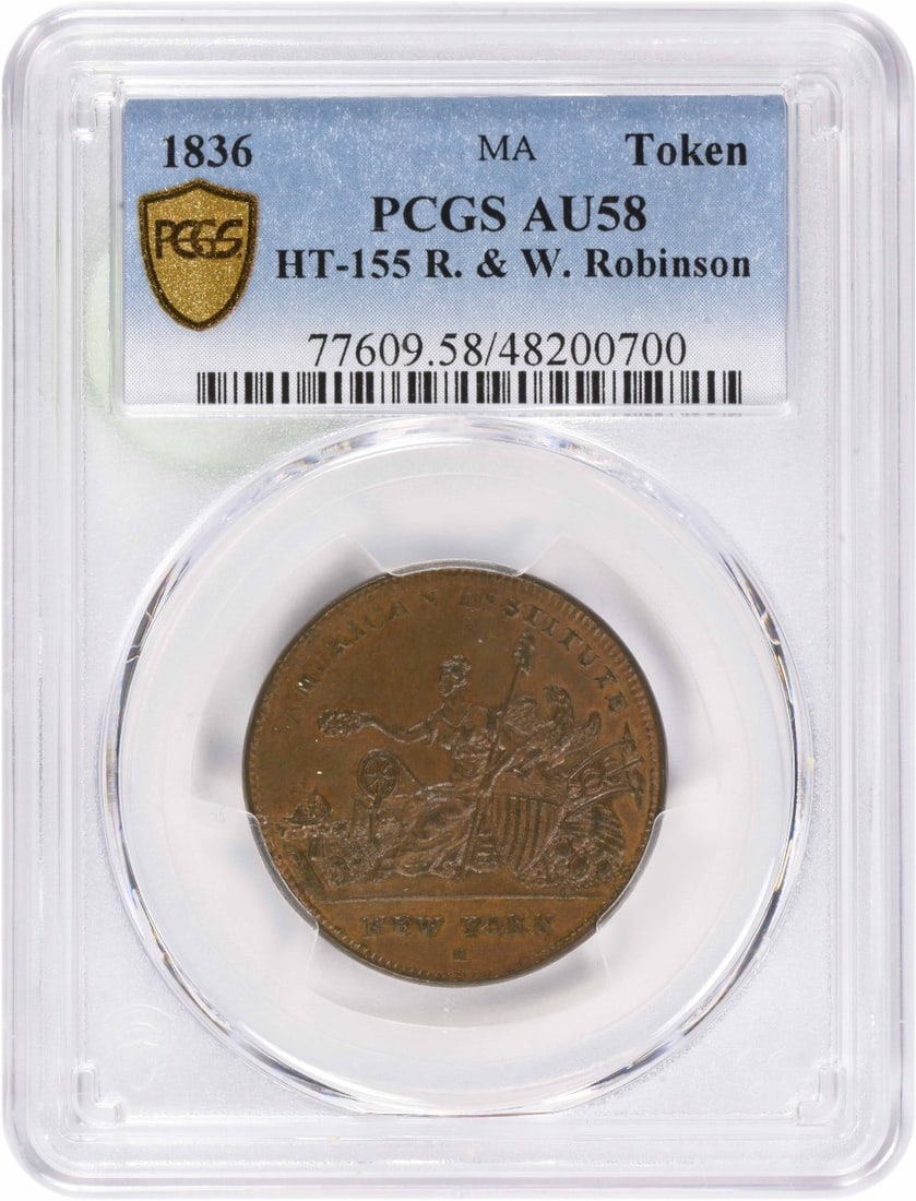 1836 R.&W. Robinson Hard Times Token AU58 PCGS Copper: 1836 R.&W. Robinson Hard Times Token AU58 PCGS Copper This 1836 Hard Times Token features R.&W. Robinson, designated as HT-155, and is graded AU58 by PCGS. This token is composed of copper and origina