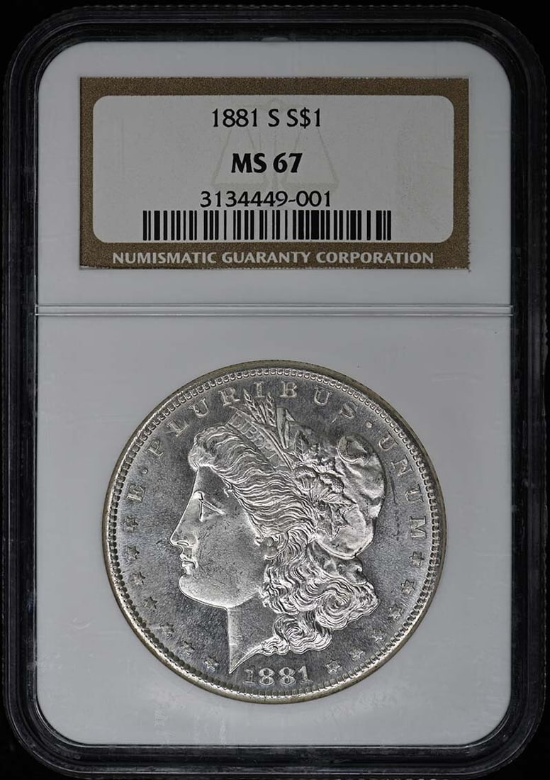 1881-S Morgan Dollar NGC MS67 Uncirculated San Francisco: 1881-S Morgan Dollar NGC MS67 Uncirculated San Francisco This stunning 1881-S Morgan Dollar is certified by NGC with a remarkable MS67 grade, indicating its uncirculated condition. Minted in San Franc