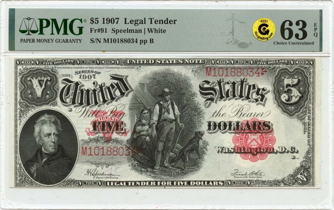 1907 $5 Legal Tender Note PMG CU63 EPQ Woodchopper (1 of 2)
