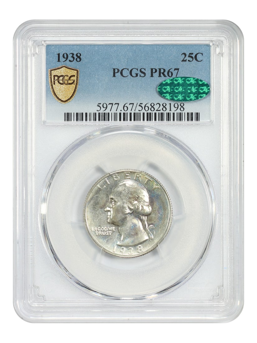 1938 Proof Washington Quarter PCGS CAC PR67 Certified 25C: 1938 Proof Washington Quarter PCGS CAC PR67 Certified 25C This 1938 Washington Quarter is a desirable proof issue, graded PR67 by PCGS and further certified by CAC. Struck at the Philadelphia Mint, it