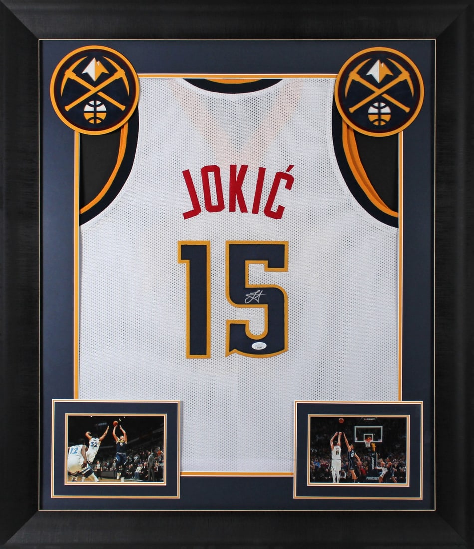 Nikola Jokic Signed White Pro Style Framed Jersey JSA COA Denver Nuggets: Nikola Jokic Signed White Pro Style Framed Jersey JSA COA Denver Nuggets Celebrate the talent of Nikola Jokic with this authentic signed white pro-style framed jersey from the Denver Nuggets. Personal