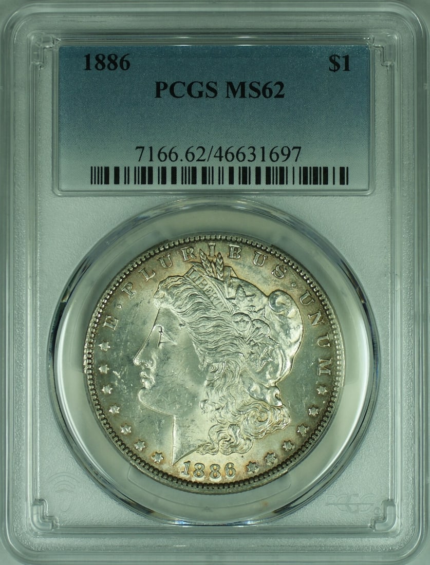 PCGS MS-62 1886 Morgan Dollar Philadelphia Lightly Toned Silver Coin: PCGS MS-62 1886 Morgan Dollar Philadelphia Lightly Toned Silver Coin This 1886 Morgan Silver Dollar features light toning and is certified by PCGS with a grade of MS 62. Struck in Philadelphia, this u