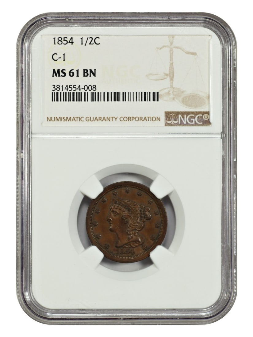 NGC MS61BN 1854 Braided Hair Type Half Cent Coin (1 of 4)