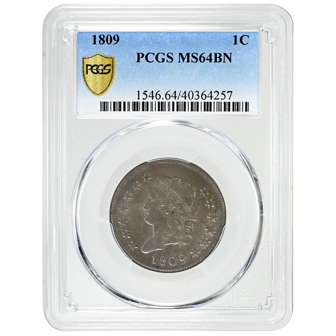 Classic Head 1809 Copper Cent PCGS MS64BN Philadelphia Mint: Classic Head 1809 Copper Cent PCGS MS64BN Philadelphia Mint This 1809 Classic Head Cent is an uncirculated rare coin graded MS64BN by PCGS. Struck in Philadelphia, it features well-defined chocolate b