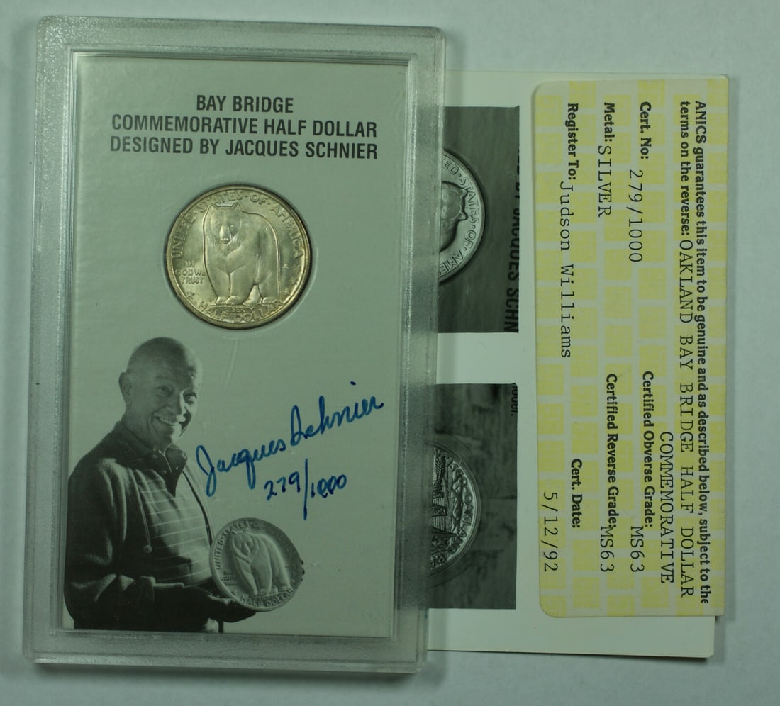 Signed Jacques Schnier 1936-S Bay Bridge Silver Half Dollar Commemorative Coin: Signed Jacques Schnier 1936-S Bay Bridge Silver Half Dollar Commemorative Coin This is a 1936-S Bay Bridge Commemorative Half Dollar, signed by Jacques Schnier. Struck in San Francisco, this uncircula