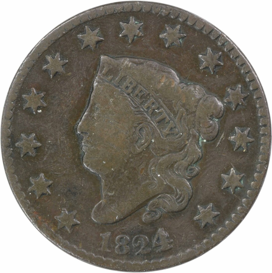 1824 Large Cent Coronet Head Copper Coin VG Uncertified (1 of 2)
