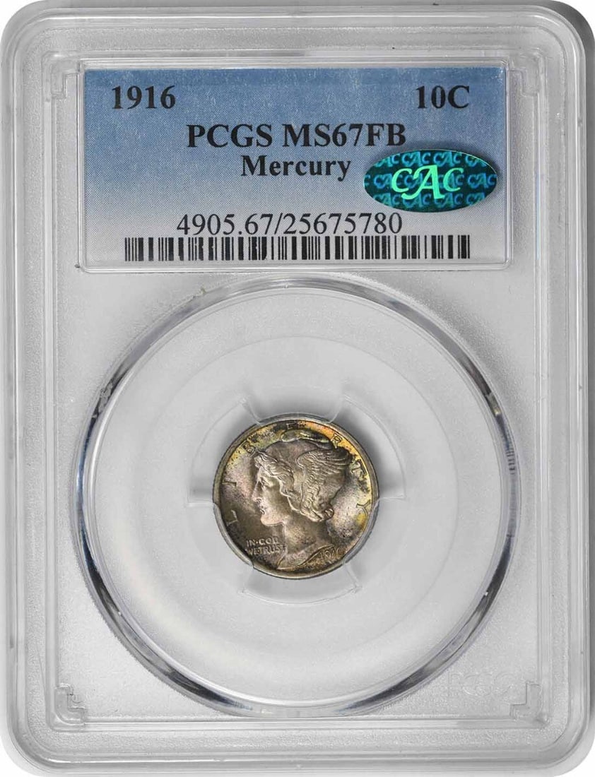 MS67FB PCGS CAC Mercury Dime 1916 Philadelphia 10C 90 Percent Silver Coin: MS67FB PCGS CAC Mercury Dime 1916 Philadelphia 10C 90 Percent Silver Coin This 1916-P Mercury Silver Dime is graded MS67FB by PCGS and features CAC approval. Struck at the Philadelphia Mint, this unci