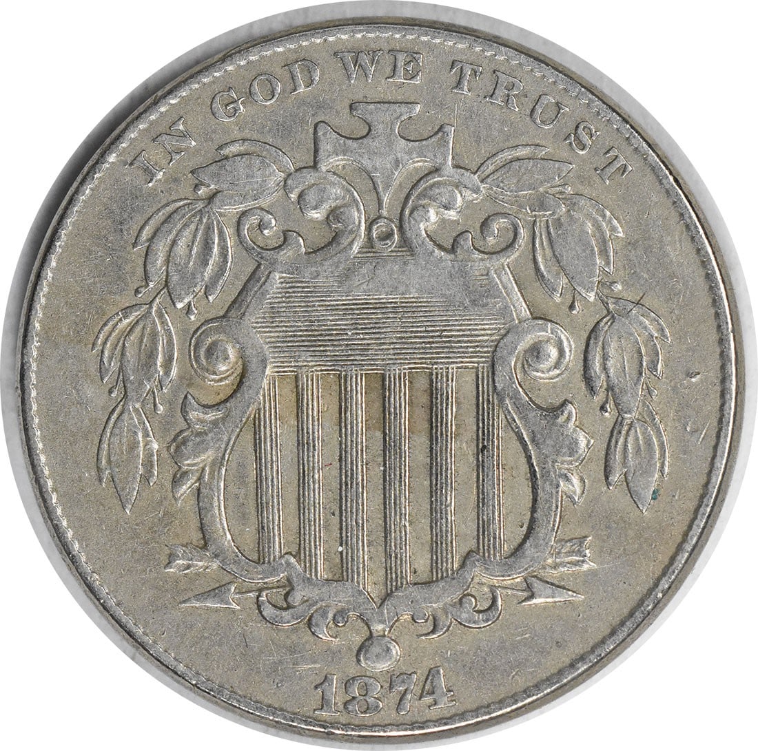 1874 Shield Nickel DDO EF Uncertified Philadelphia Mint 5C: 1874 Shield Nickel DDO EF Uncertified Philadelphia Mint 5C This 1874 Shield Nickel is a remarkable piece of numismatic history, featuring a design by James Barton Longacre. With a composition of 75% c
