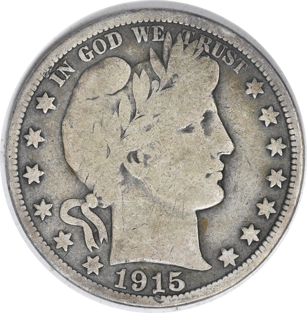 1915 Philadelphia Barber Half Dollar 90 Percent Silver Very Good Grade Uncertified: 1915 Philadelphia Barber Half Dollar 90 Percent Silver Very Good Grade Uncertified This 1915 Barber Silver Half Dollar from the United States was struck at the Philadelphia Mint and designed by Charle