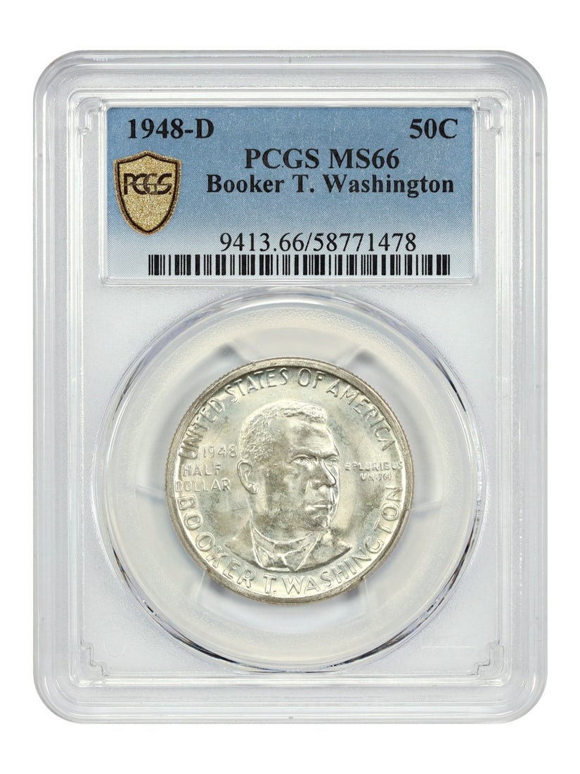 1948-D 50C Booker T. Washington PCGS MS66 Silver Commemorative: 1948-D 50C Booker T. Washington PCGS MS66 Silver Commemorative This 1948-D 50C Booker T. Washington coin is a remarkable piece of American history, certified by PCGS with a grade of MS66. Minted in De