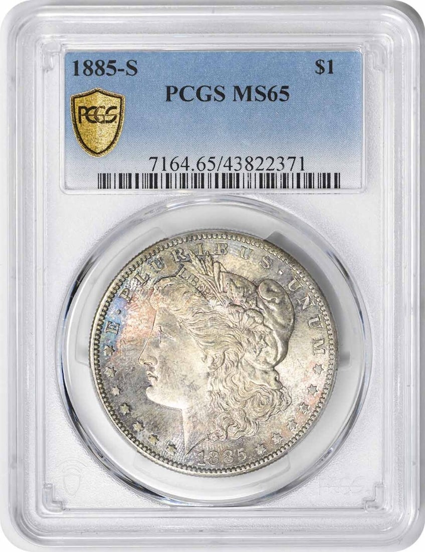 1885-S Morgan Silver Dollar MS65 PCGS Uncirculated Coin: 1885-S Morgan Silver Dollar MS65 PCGS Uncirculated Coin This 1885-S Morgan Silver Dollar is a remarkable piece of numismatic history, certified by PCGS with a grade of MS65, indicating its uncirculate