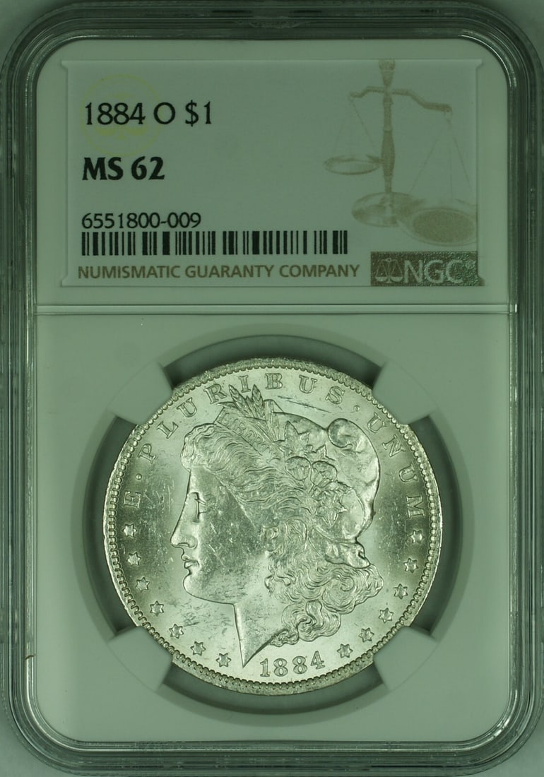 NGC MS62 1884-O Morgan Dollar Uncirculated Silver Coin New Orleans Mint: NGC MS62 1884-O Morgan Dollar Uncirculated Silver Coin New Orleans Mint This is an 1884-O Morgan Silver Dollar coin graded MS-62 by NGC. Minted in New Orleans, this uncirculated coin is composed of si