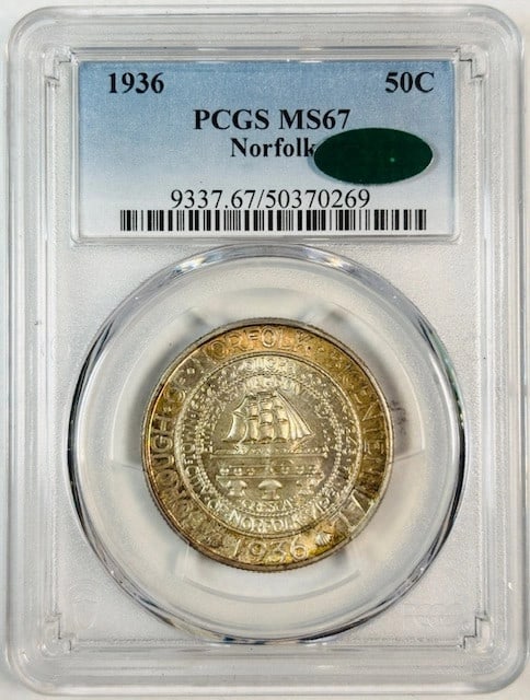 Norfolk Virginia 1936 Silver Dollar Bicentennial PCGS MS67 CAC Certified: Norfolk Virginia 1936 Silver Dollar Bicentennial PCGS MS67 CAC Certified This 1936 Norfolk, Virginia Bicentennial commemorative coin is crafted in silver and graded MS 67 by PCGS, with additional CAC