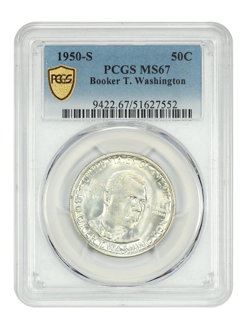 Booker T Washington 1950 San Francisco 50C Silver Commemorative PCGS MS67: Booker T Washington 1950 San Francisco 50C Silver Commemorative PCGS MS67 This 1950-S Booker T. Washington half dollar is a classic silver commemorative coin, certified by PCGS with a grade of MS67. S