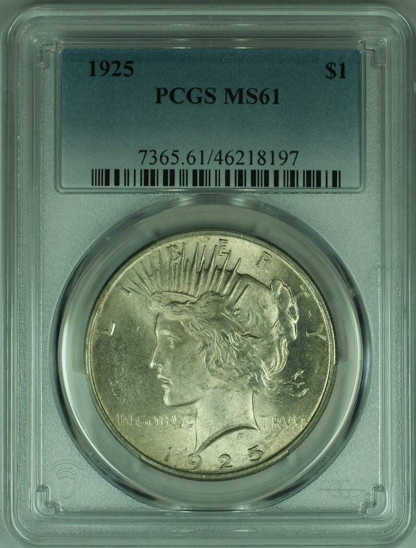PCGS MS-61 Peace Silver Dollar 1925 Philadelphia Lightly Toned: PCGS MS-61 Peace Silver Dollar 1925 Philadelphia Lightly Toned This 1925 Peace Silver Dollar features light toning and is graded MS-61 by PCGS. Minted in Philadelphia, this uncirculated coin is compos