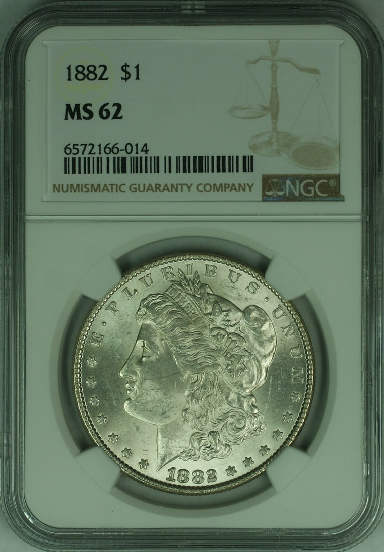 NGC MS-62 Certified 1882 Silver Morgan Dollar Coin from Philadelphia: NGC MS-62 Certified 1882 Silver Morgan Dollar Coin from Philadelphia This 1882 Morgan Silver Dollar is a $1 coin minted in Philadelphia, United States. Certified by NGC with a grade of MS-62, this unc