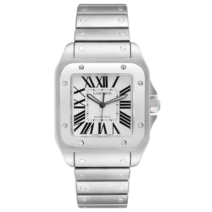 Santos 100 Reference 2656 Stainless Steel Watch with Papers 2007: Santos 100 Reference 2656 Stainless Steel Watch with Papers 2007 This Cartier Santos 100 features a 38mm stainless steel case and a silver Roman numeral dial. The watch comes with warranty papers date