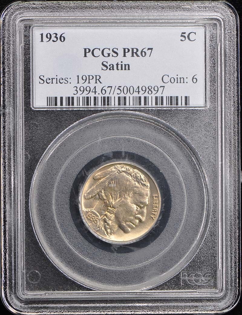 1936 PCGS PR67 Satin Buffalo Nickel Certified Coin: 1936 PCGS PR67 Satin Buffalo Nickel Certified Coin This 1936 Satin Buffalo Nickel is certified by PCGS with a remarkable grade of PR67, indicating it is in uncirculated condition. The coin was minted
