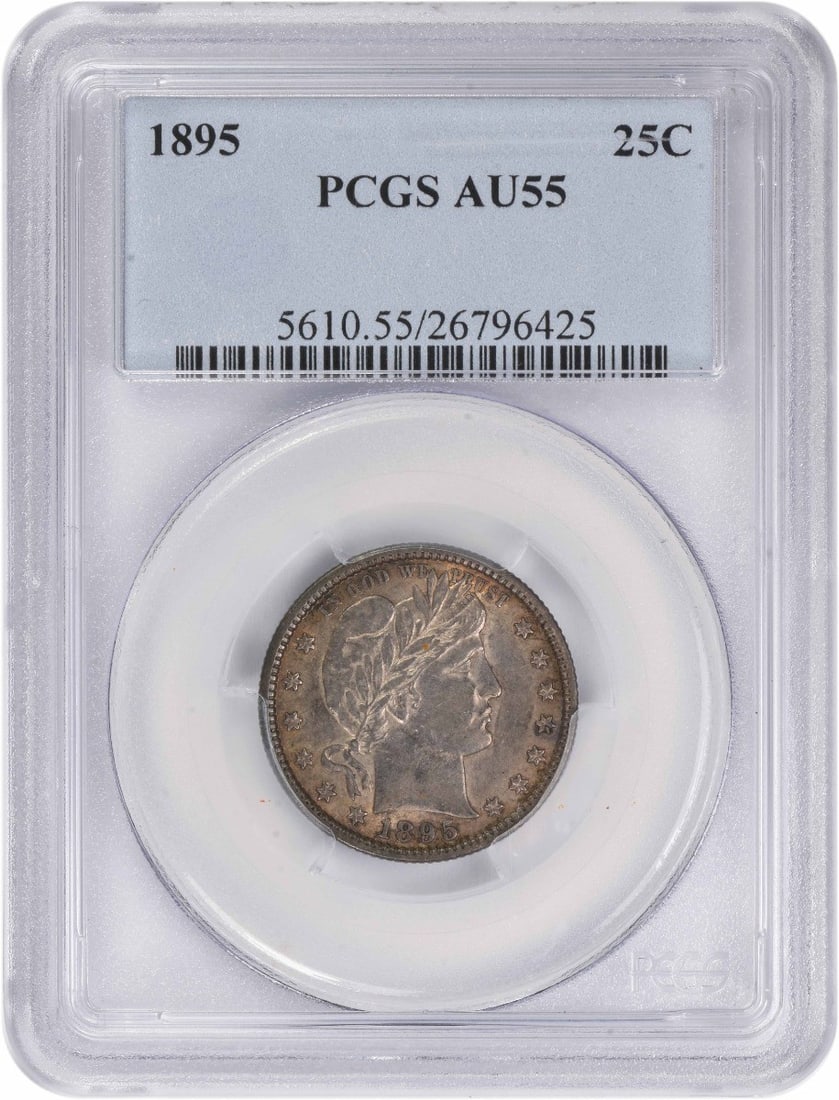 AU55 PCGS Certified 1895 Barber Quarter 90 Percent Silver Coin: AU55 PCGS Certified 1895 Barber Quarter 90 Percent Silver Coin This 1895 Barber Quarter from the United States is composed of 90% silver and 10% copper. Graded AU55 by PCGS, the coin was minted in Phi