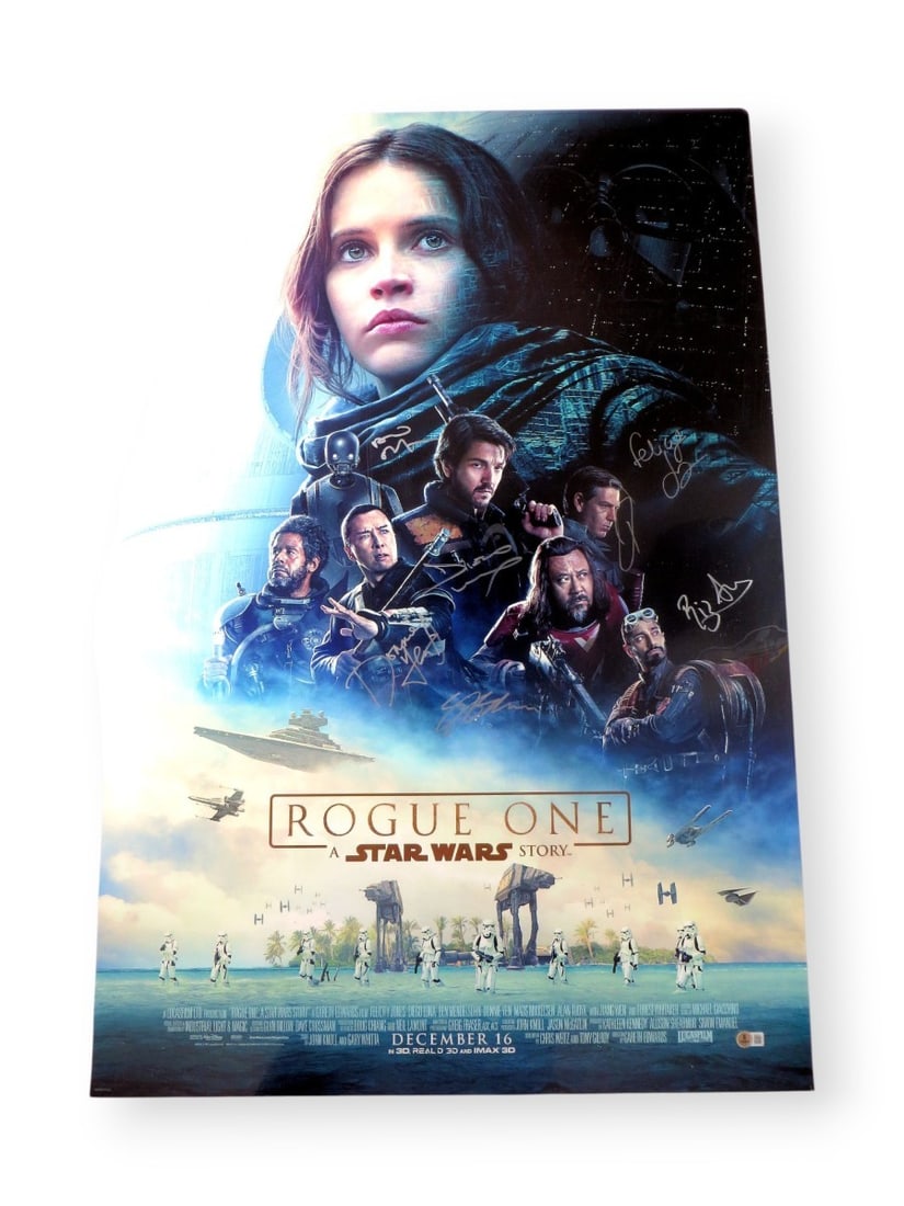 Rogue One Autographed 27x40 Poster Beckett Authenticated +6 Signatures: Rogue One Autographed 27x40 Poster Beckett Authenticated +6 Signatures Celebrate the epic Star Wars saga with this original autographed poster from 'Rogue One.' Measuring 27X40 inches, this stunning p