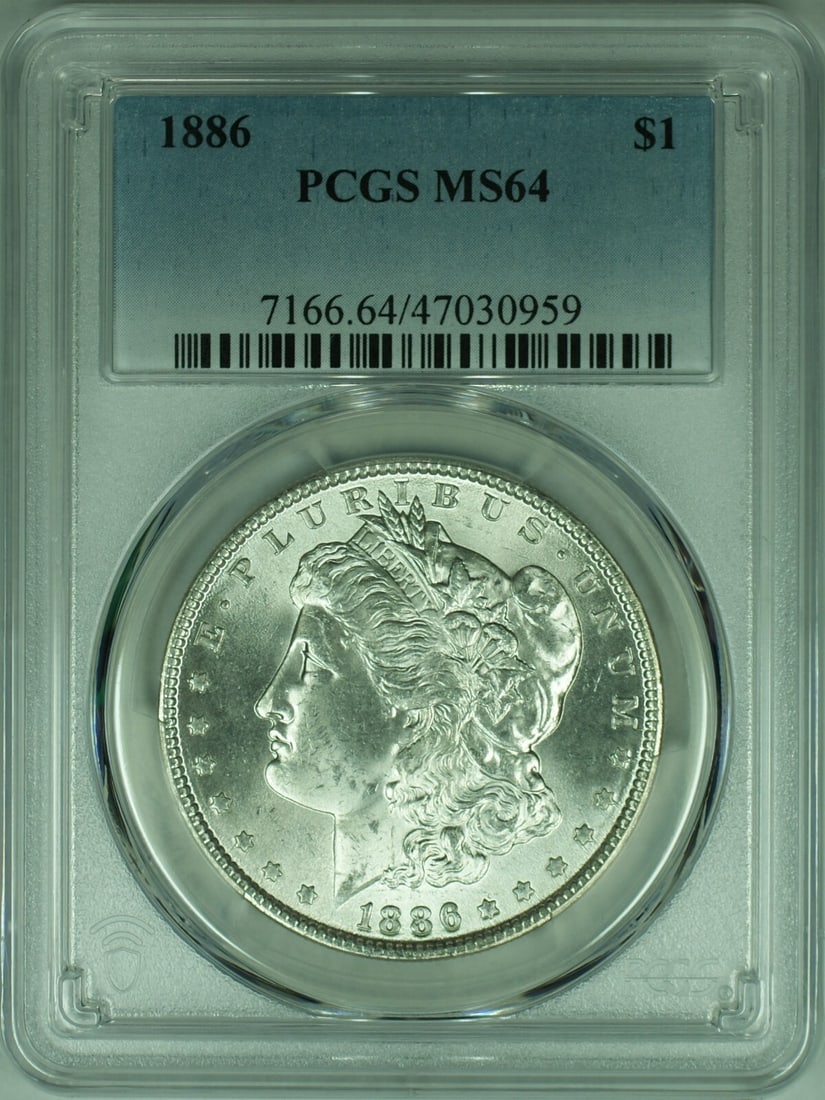 PCGS MS-64 1886 Morgan Silver Dollar from Philadelphia Mint: PCGS MS-64 1886 Morgan Silver Dollar from Philadelphia Mint This is an 1886 Morgan Silver Dollar coin graded MS-64 by PCGS. It is uncirculated and was minted in Philadelphia. The coin is composed of 9