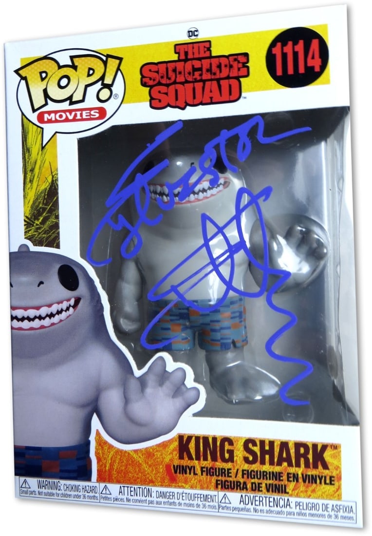 Sylvester Stallone Autographed Funko POP! King Shark JSA Certified: Sylvester Stallone Autographed Funko POP! King Shark JSA Certified This is an original Sylvester Stallone signed Funko POP! figure of King Shark, featuring a bold autograph authenticated by James Spen