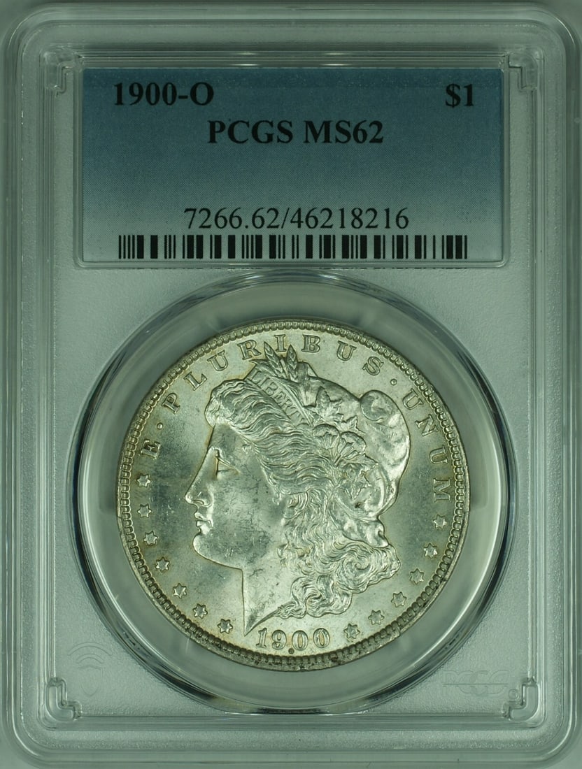PCGS MS62 Morgan Dollar 1900-O Silver Coin from New Orleans Mint: PCGS MS62 Morgan Dollar 1900-O Silver Coin from New Orleans Mint This 1900-O Morgan Silver Dollar is graded MS-62 by PCGS and was minted in New Orleans. The coin is composed of 90% silver and remains