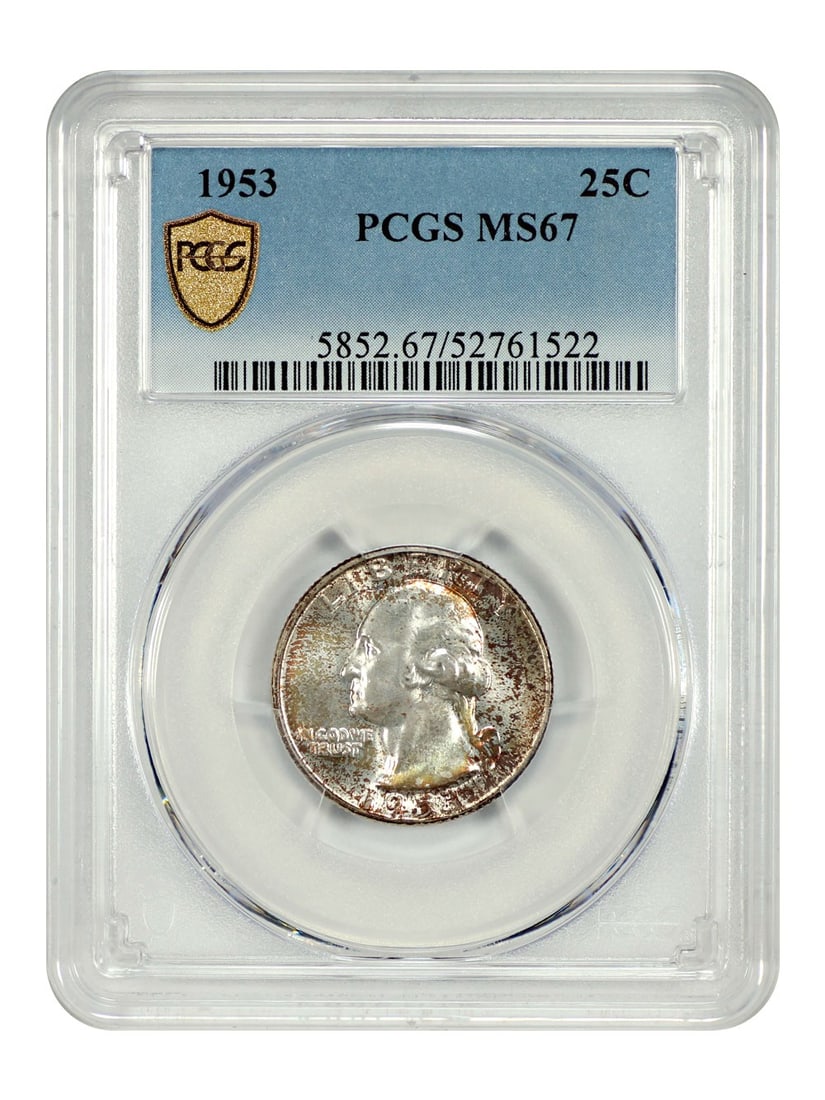 1953 Washington Quarter PCGS MS67 Uncirculated Philadelphia Mint: 1953 Washington Quarter PCGS MS67 Uncirculated Philadelphia Mint This 1953 Washington Quarter is graded MS67 by PCGS, ensuring its exceptional quality as an uncirculated coin. It features a denominati