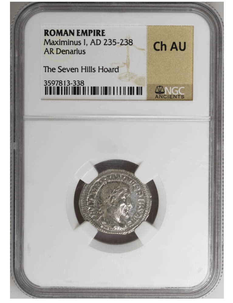 Maximinus I Silver AR Denarius NGC Ch AU Seven Hills Hoard: Maximinus I Silver AR Denarius NGC Ch AU Seven Hills Hoard This ancient Roman coin features the ruler Maximinus I, dating back to AD 235-238. It is an AR Denarius made of silver and is certified by NG
